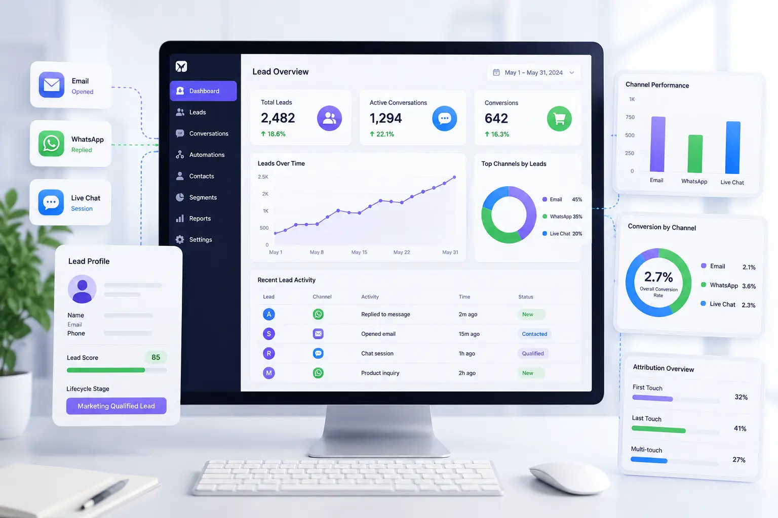 CRM and lead management dashboard with cross-channel attribution analytics
