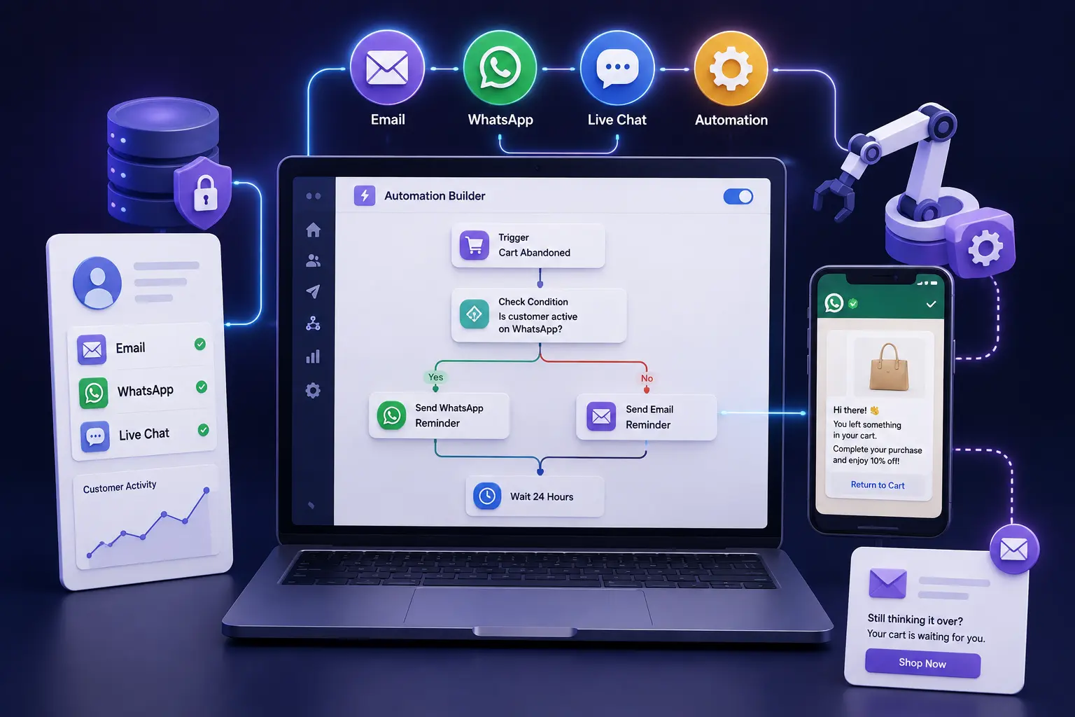 Marketing automation workflow with WhatsApp Business API integration for e-commerce