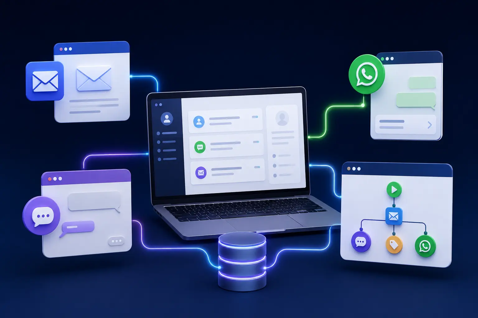 Multi-channel messaging platform development connecting Email, WhatsApp, and Chat