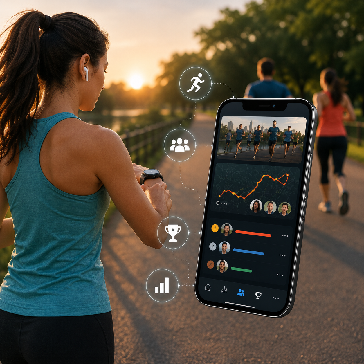 Running app leaderboard and activity tracking features