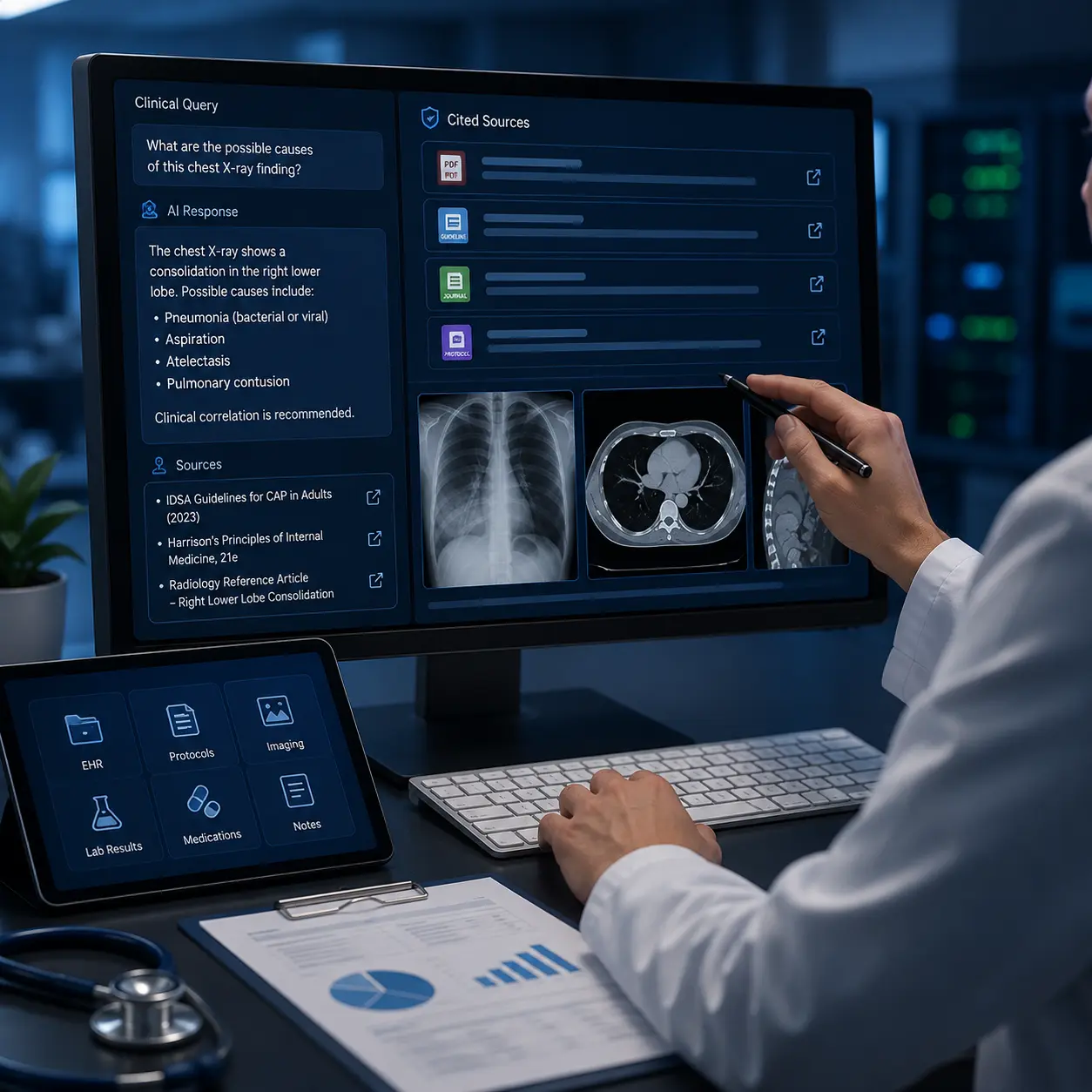 Physician-reviewing-clinical-answers-with-medical-sources-citations-and-diagnostic